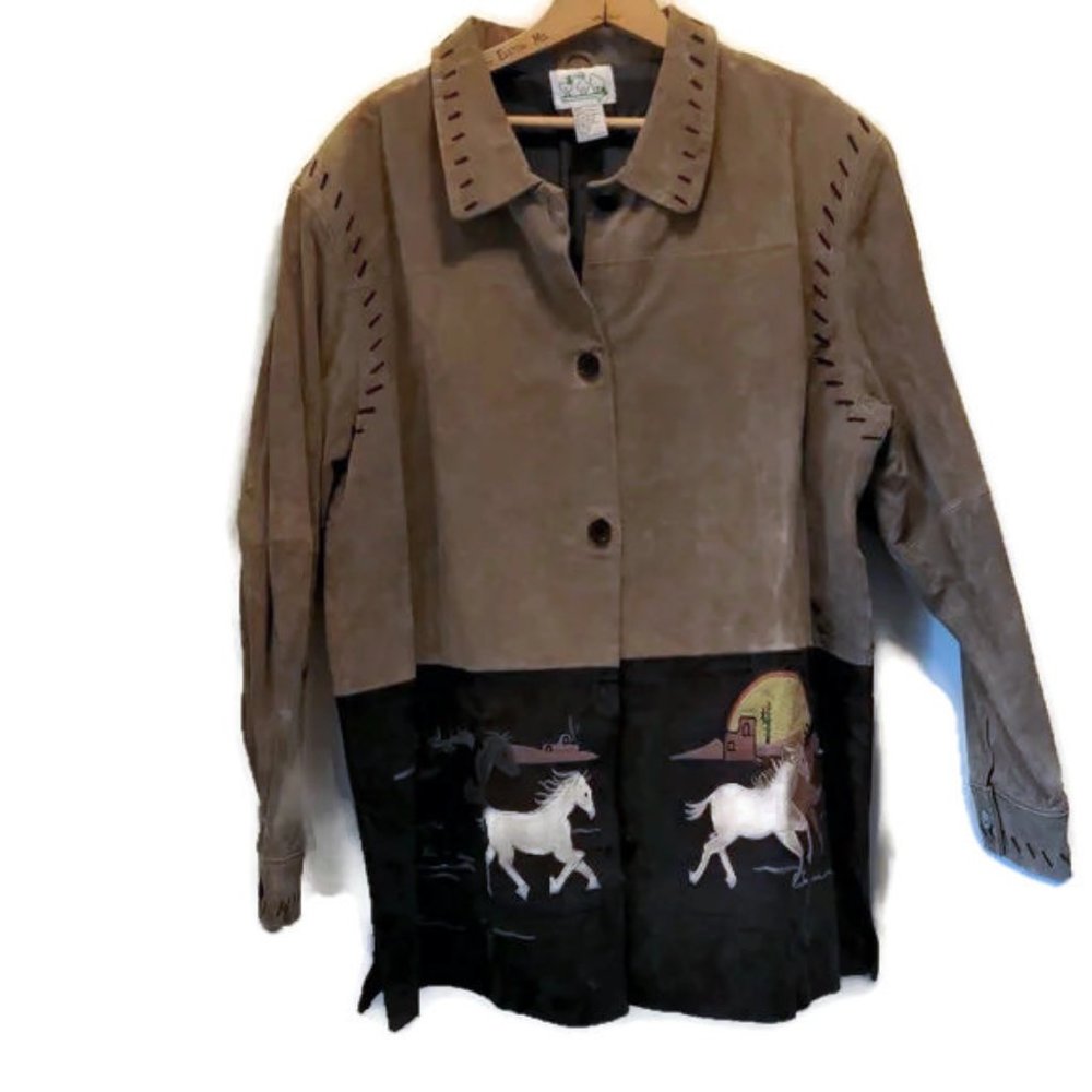 The Quacker Factory Women's Size 1X 100% Leather Western Horse Themed Shirt - Picture 1 of 15